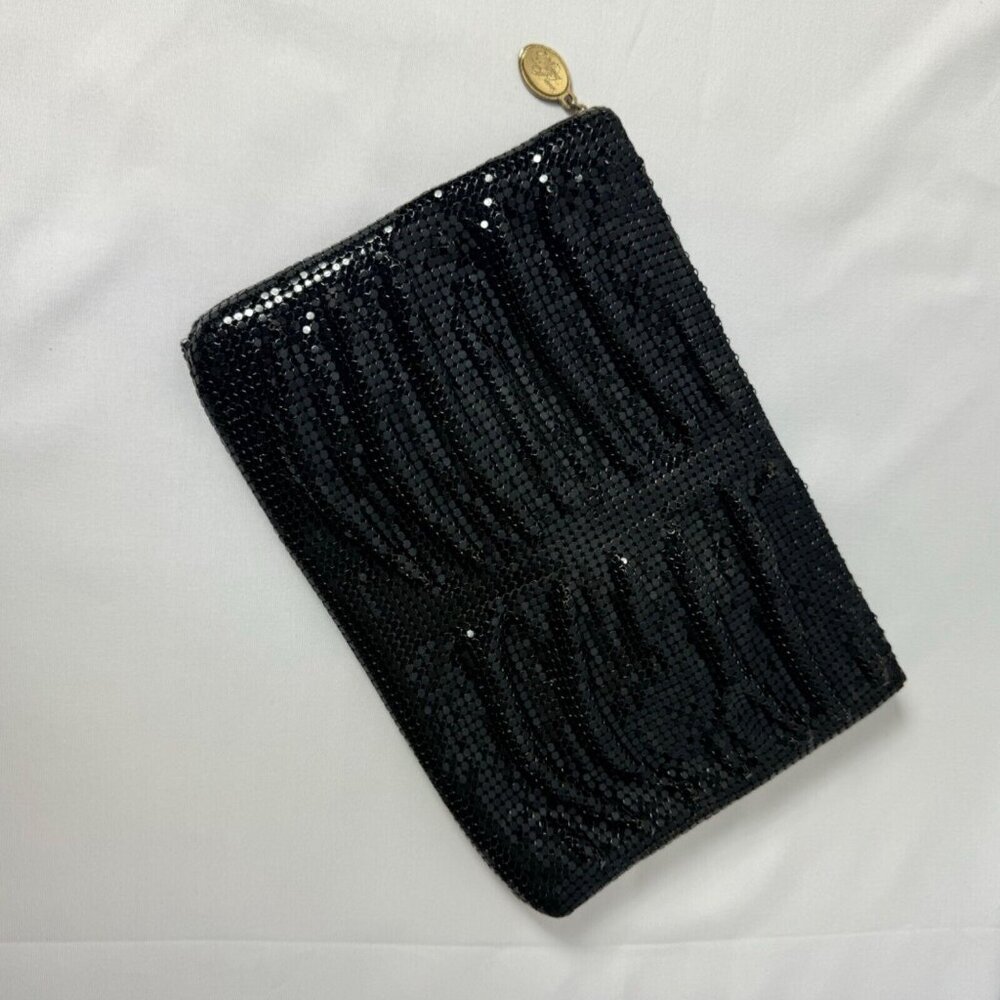 Vintage Whiting Davis Black Metal Mesh Zippered Clutch Bag Ruched Event Formal